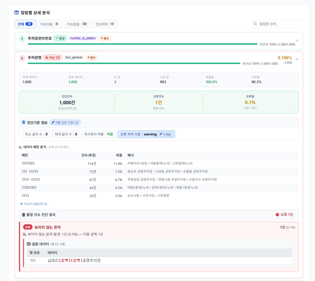 컬럼별 상세 분석 — 데이터 패턴, 진단기준, 오류 샘플을 표시하는 화면